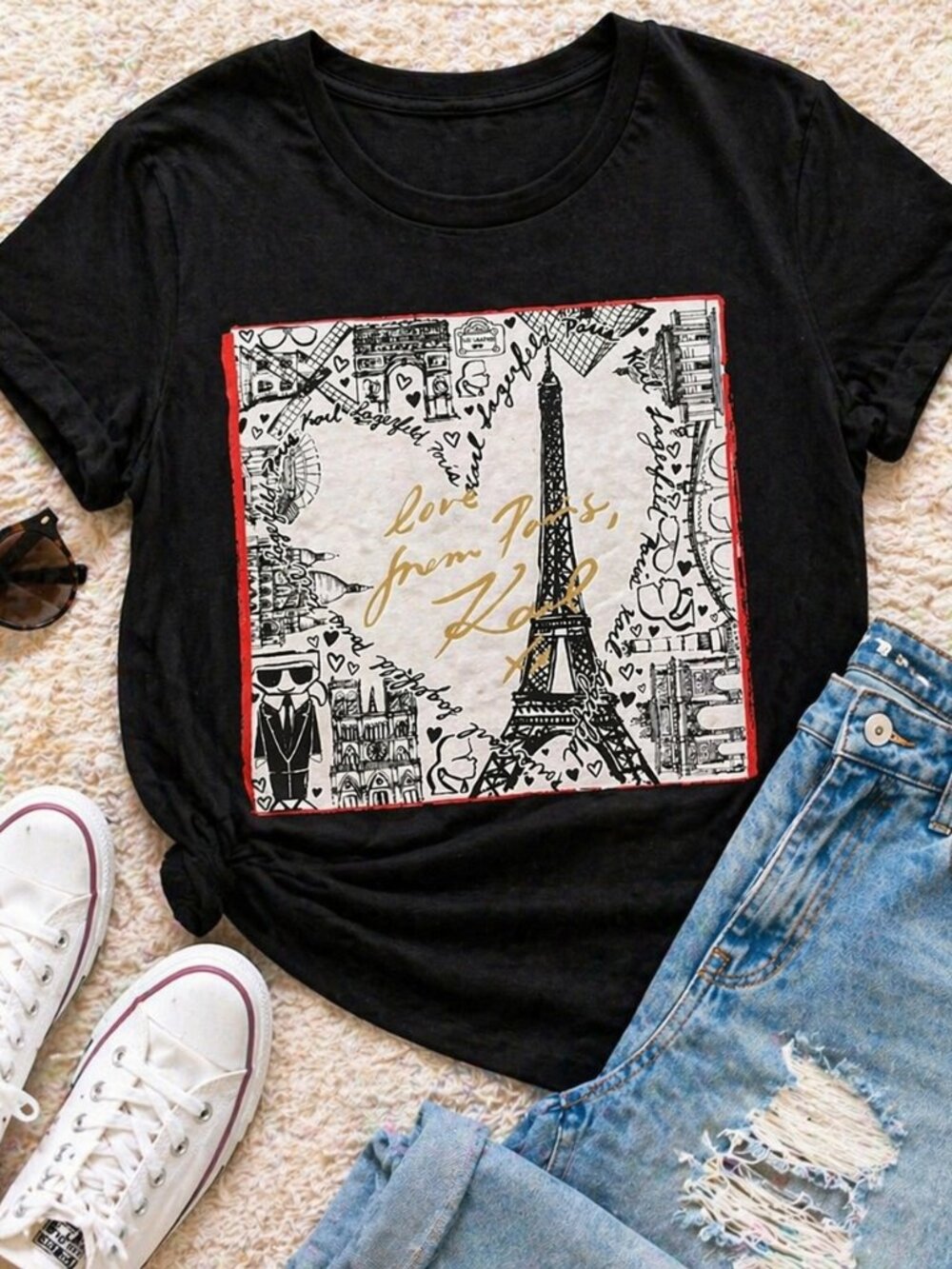 Karl Lagerfeld Black Paris Eiffel Tower Cotton Blend Short Sleeve Graphic Tee S